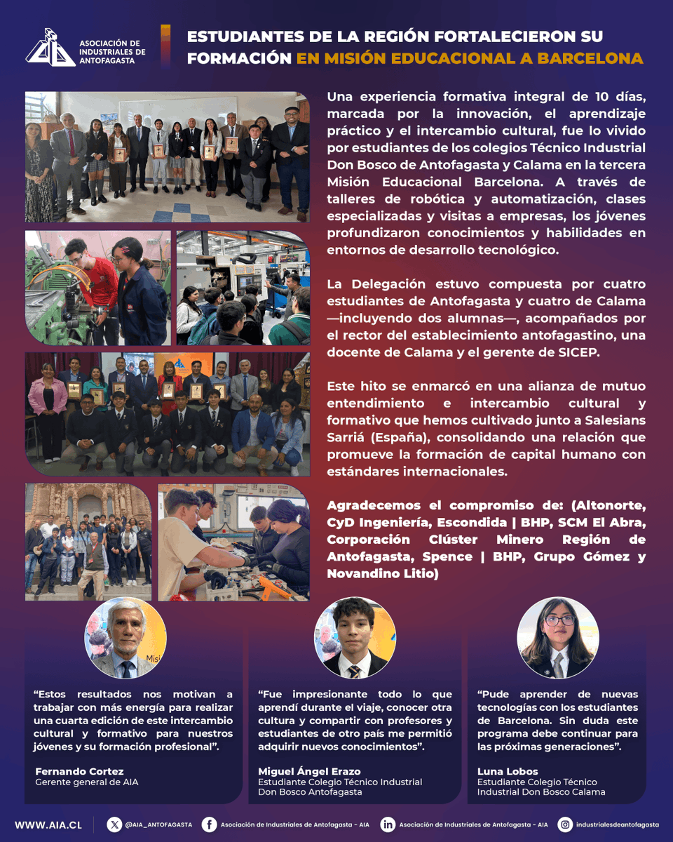 AIA_ANTOFAGASTA's tweet image. Durante diez días, los 8 estudiantes de los Colegios Técnico Industrial Don Bosco Antofagasta y Calama vivieron una experiencia única de formación y aprendizaje en la tercera Misión Educacional a #Barcelona, ¡revivamos este momento!🇨🇱✈️🇪🇸 

#AIA #Calama #Antofagasta #Educación