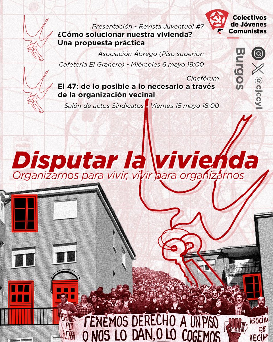 🔴DISPUTAR LA VIVIENDA
La vivienda no es ente ajeno a la lucha de clases, se inserta plenamente en sus dinámicas y debemos formarnos con <a href="/JuventudRevsta/">Revista Juventud!</a>

🔐Presentación Juventud!#7 - Cafetería El Granero
MIÉRCOLES 6 - 19:00

🔐Cinefórum El 47 - Sindicatos
VIERNES 15 - 18:00