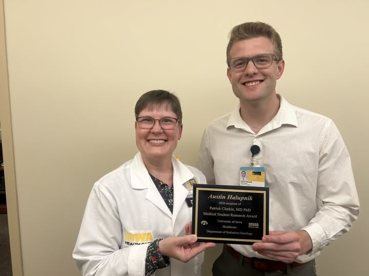 IowaRadOnc's tweet photo. Congratulations to Austin Halupnik for earning the 2026 Patrick Clerkin, MD, PhD Medical Student Research Award in Radiation Oncology.

This award honors outstanding research by graduating medical students and commemorates Dr. Clerkin’s work in imaging for glioblastoma treatment. https://t.co/ssQvl6mD6q
