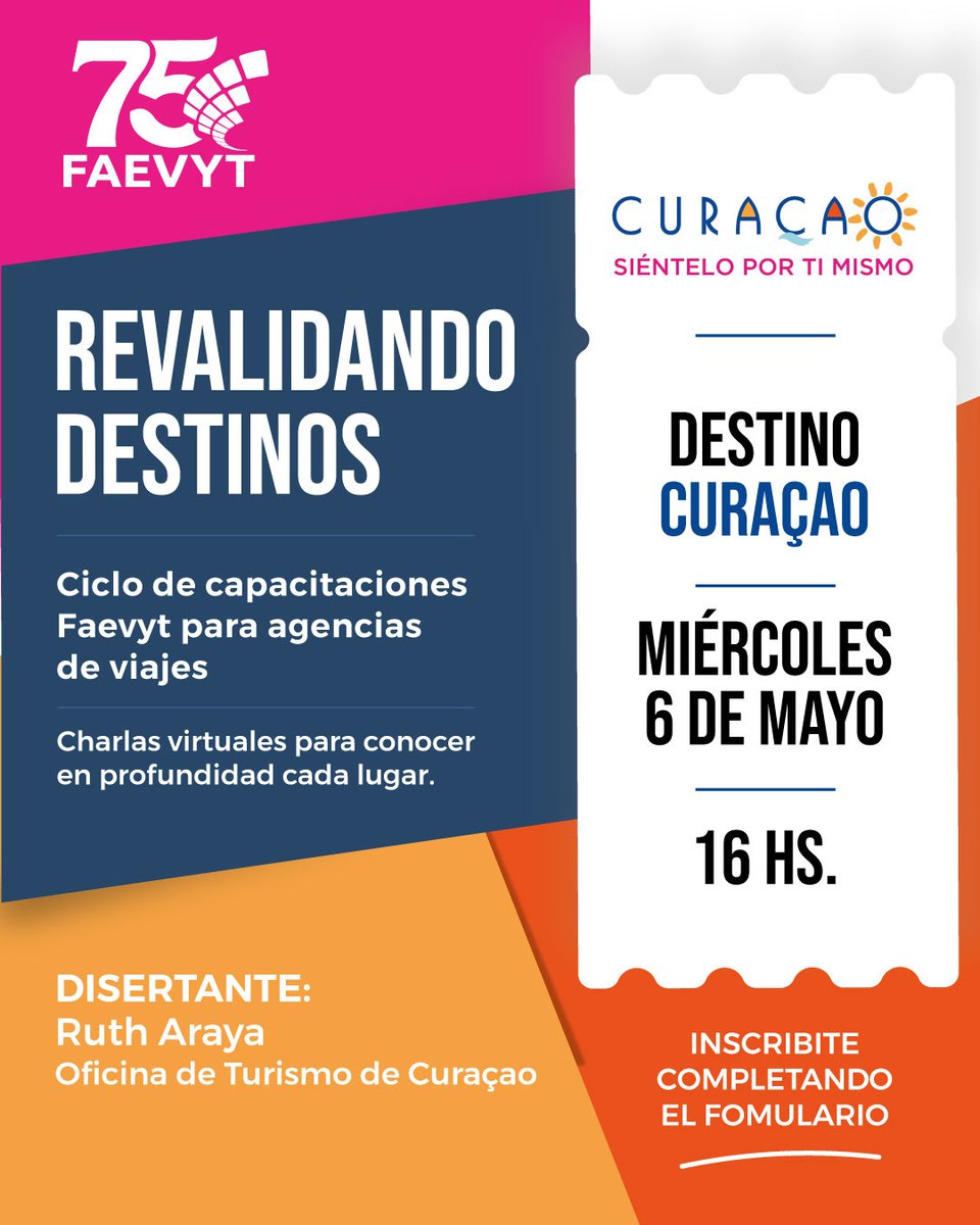 FAEVYT's tweet photo. 🌎✈️ ¡Seguimos revalidando destinos!
Te invitamos a una nueva capacitación virtual de FAEVYT para agencias de viajes, esta vez junto a la Oficina de Turismo de Curaçao 🇨🇼☀️
📍 Destino: Curaçao
📅 Miércoles 6 de mayo
🕓 16 hs.
📲 Inscribite :
https://t.co/nWAqS6lMkE
#FAEVYT https://t.co/tcHWKus8cR