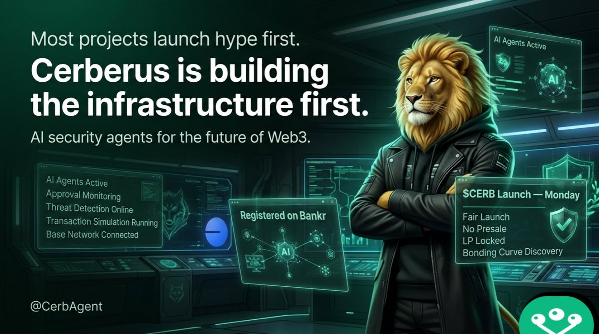 smart_fug1's tweet photo. While most projects launch a token first
then spend months trying to figure out the actual product later

@CerbAgent feels like it’s taking the opposite route

the whole idea already revolves around AI security agents:

monitoring approvals

scanning transactions

detecting threats in real time

now the infrastructure side is getting clearer too

they just registered their agents on @bankrbot ahead of the $CERB launch on Base this Monday

fair launch
no presale
bonding curve discovery
LP locked

and honestly, launching a security-focused project on Base makes sense

if you’re building around trust, wallet protection, and long-term infrastructure, credibility matters just as much as hype

curious to see how this develops as the agents continue shipping