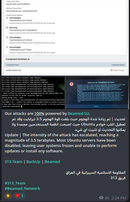 ReliaQuestTR's tweet photo. The group claims its attack on Ubuntu servers is ongoing and escalating, with indications of increased DDoS intensity. They have also issued an extortion demand, stating that their "communication channels remain open for Ubuntu to contact us so that we may agree on a ceasefire." X has since suspended the group's account.