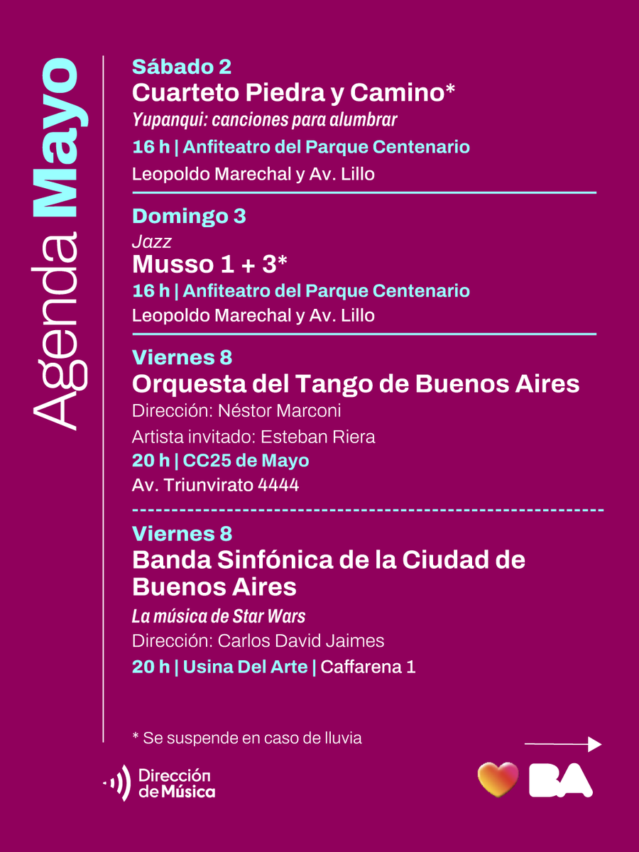 Musica_BA's tweet image. Mayo llega con conciertos imperdibles 🎶
Este mes la Ciudad se llena de música con recitales de folklore, jazz, tango, rock, funk, ¡y mucho más!

🎟️ Todos los conciertos son con entrada libre y gratuita
Deslizá para conocer la agenda completa y seguinos para no perderte nada 👉