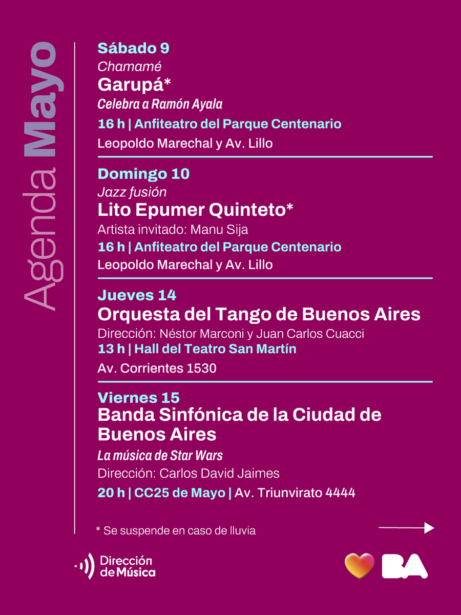 Musica_BA's tweet image. Mayo llega con conciertos imperdibles 🎶
Este mes la Ciudad se llena de música con recitales de folklore, jazz, tango, rock, funk, ¡y mucho más!

🎟️ Todos los conciertos son con entrada libre y gratuita
Deslizá para conocer la agenda completa y seguinos para no perderte nada 👉