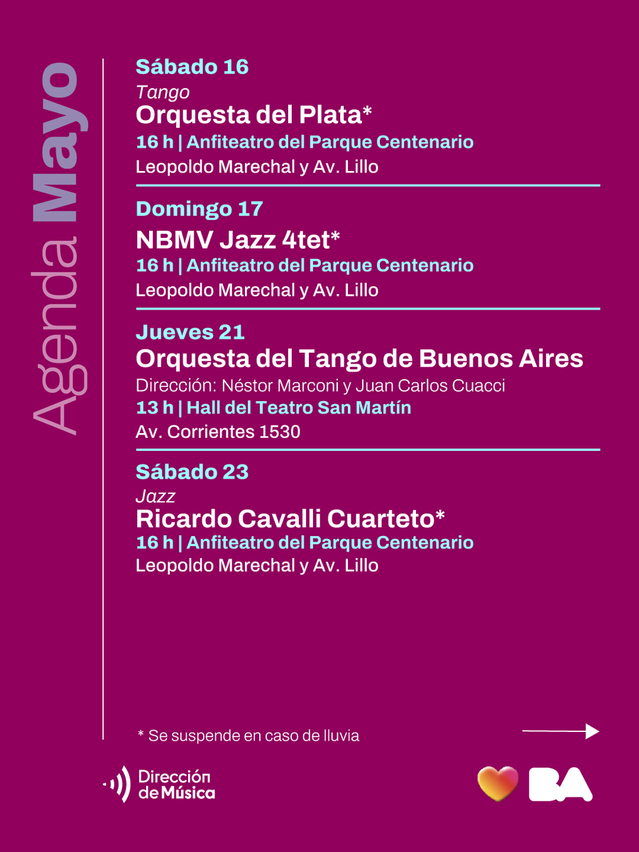 Musica_BA's tweet image. Mayo llega con conciertos imperdibles 🎶
Este mes la Ciudad se llena de música con recitales de folklore, jazz, tango, rock, funk, ¡y mucho más!

🎟️ Todos los conciertos son con entrada libre y gratuita
Deslizá para conocer la agenda completa y seguinos para no perderte nada 👉