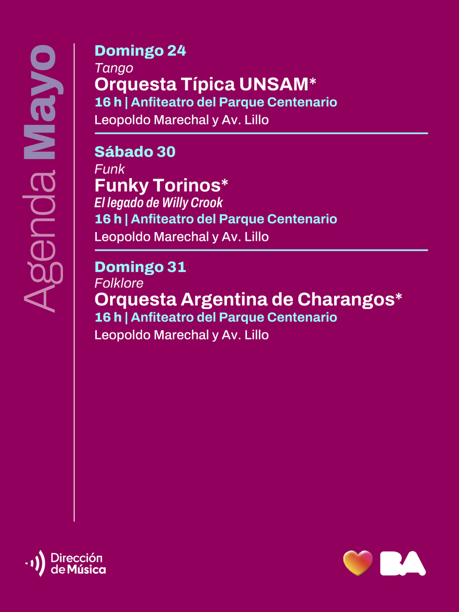 Musica_BA's tweet image. Mayo llega con conciertos imperdibles 🎶
Este mes la Ciudad se llena de música con recitales de folklore, jazz, tango, rock, funk, ¡y mucho más!

🎟️ Todos los conciertos son con entrada libre y gratuita
Deslizá para conocer la agenda completa y seguinos para no perderte nada 👉