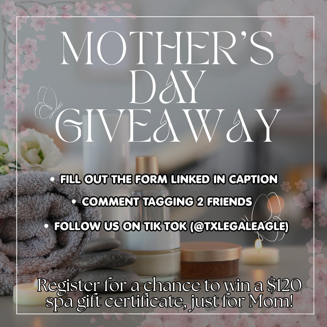 Celebrate Mom the right way this year 💐
We’re giving away a $120 gift certificate to Eternal Wellness Medspa, because she deserves some time to relax and be taken care of
To enter:
• Fill out form (forms.gle/uajD6noftHYVcq…)
• Follow us on TikTok (<a href="/txlegaleagle/">David Eastlake</a>)
• Tag 2 friends