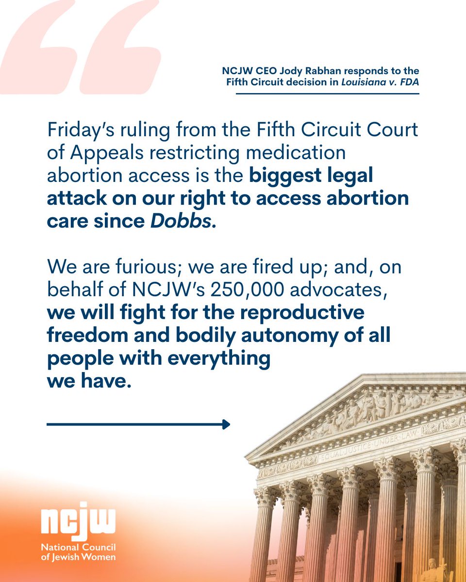 NCJW's tweet photo. Right before sunset and the start of Shabbat on Friday evening, the Fifth Circuit released a ruling in a case that could have a severe impact on abortion access. After taking our moment to rest over Shabbat, we're back online and here's what we have to say... https://t.co/JMpVxIvO0E