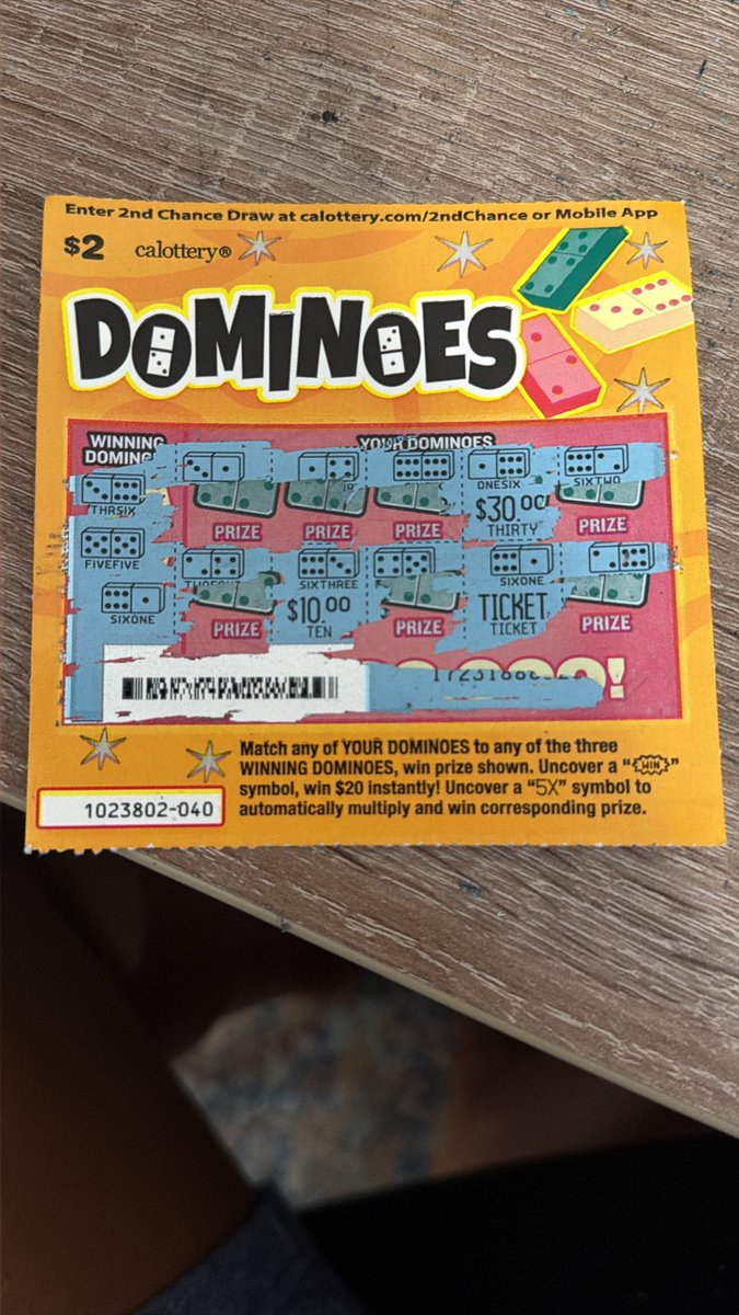 greatbman's tweet photo. @calottery you guys need to fix Dominoes scratchers or ur gonna have a class action lawsuit. This ticket should be a $42 winning ticket… Are you trying to tell me that 3-6 and 6-3 aren’t the same domino? Your game says match the DOMINO, not the NUMBER. https://t.co/P6lfReDVXE