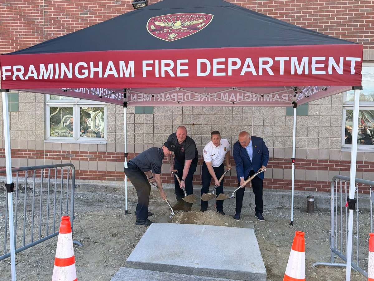 FraminghamFire's tweet photo. This morning, we  joined forces with @Framingham_MA to break ground on the new Framingham Firefighter Memorial at FFD Headquarters. The permanent tribute will feature a 6-foot bronze firefighter statue to honor those who served our city with courage and distinction. https://t.co/fZzFgXe6ZX