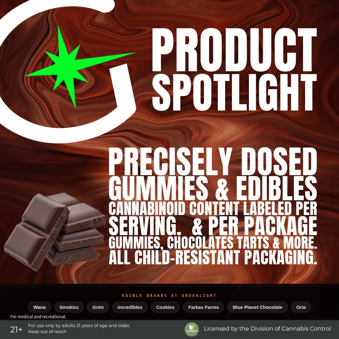 Greenlight_ohio's tweet image. Gummies, chocolates, tarts, and more. Precisely dosed and labeled per serving. Significantly more interesting than whatever snack you had in mind.

21+ only. Keep out of reach of children. Licensed by Ohio DCC.

#GreenlightOhio #OhioDispensary #Edibles #PlantBased