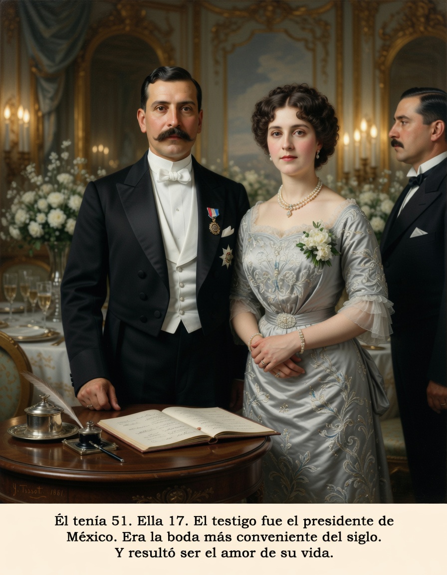 DonPorfirioDiaz's tweet photo. La conocí en una recepción en la embajada de Estados Unidos en 1881. Ella tenía 17 años y yo 51. Me propuso darme clases de inglés. Yo acepté porque necesitaba el inglés para gobernar un país que dependía cada vez más de los norteamericanos, y porque era la hija de Manuel Romero Rubio, el político más conectado de México, exlerdista, enemigo mío durante años, hombre con acceso a todo lo que yo todavía no tenía: la Iglesia, los conservadores, los financieros, los diplomáticos europeos. Me casé con ella el 5 de noviembre de 1881. Testigo del civil fue el presidente Manuel González, que era mi compadre y mi hombre en la silla mientras yo esperaba volver a sentarme en ella. La ceremonia religiosa fue al día siguiente en La Profesa y la ofició el arzobispo Labastida y Dávalos, el mismo que había coronado a Maximiliano. La vajilla era de Limoges, la platería de Christofle, el champagne Veuve Clicquot, el menú en francés. Dije que quería que México pareciera París. Empecé por la boda. Lo que nadie esperaba, y yo tampoco del todo, es que Carmelita resultara ser mucho más que una alianza política. Me enseñó inglés, modales, protocolo, a usar bien los cubiertos europeos, a no quedarme callado en una cena de diplomáticos. Me civilizó, decían en la Ciudad de México. Yo prefiero decir que me completó. En 1893, Juventino Rosas le compuso el vals Carmen. Ella le regaló un piano de cola alemán. Treinta años después me acompañó al exilio sin que nadie se lo pidiera. Y cuando cerré los ojos en París en 1915, fue lo último que vi.
