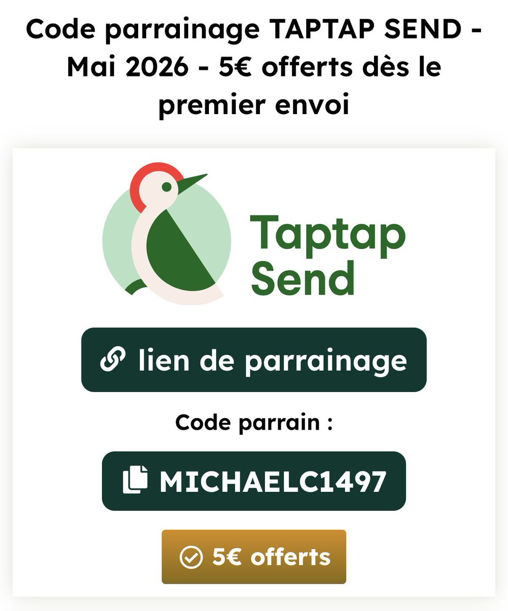 OParrainages's tweet photo. 𝙋𝘼𝙍𝙍𝘼𝙄𝙉𝘼𝙂𝙀  **** 🟢𝗧𝗔𝗣𝗧𝗔𝗣 𝗦𝗘𝗡𝗗 🦜****
#transfert #taptapsend #argent

✅ => 5️⃣€ - OFFERTS ‼️ suite à premier envoi d’argent à l’étranger de 300€ minimum.

✅ => Juste un code promo à saisir : MICHAELC1497

Ttes les infos ici 👇

https://t.co/jlb8FK0V71 https://t.co/r32OJj7r9r