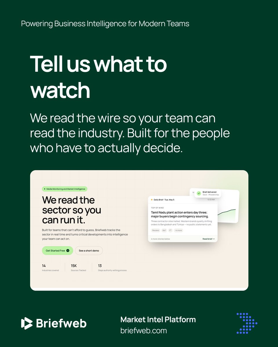 Briefwebapp's tweet image. Tell us what you watch. 

We'll read the wire so your team can read the industry.  

Built for the people who have to actually decide.  Start free → briefweb.com 

#MarketIntelligence #DailyBrief #MediaMonitoring