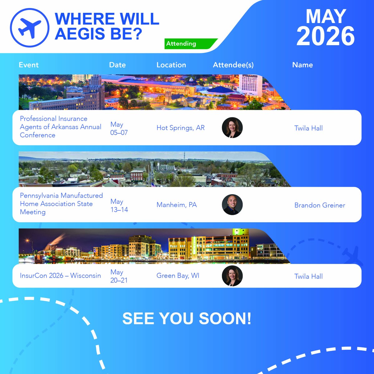 AEGISgeneral's tweet photo. This month, we’re hitting the road for some exciting events! If you will be in attendance, stop by and connect with us to learn how we can protect what matters most to you and your insureds. #AegisNation #AffordableHousing https://t.co/v6757yg3yo