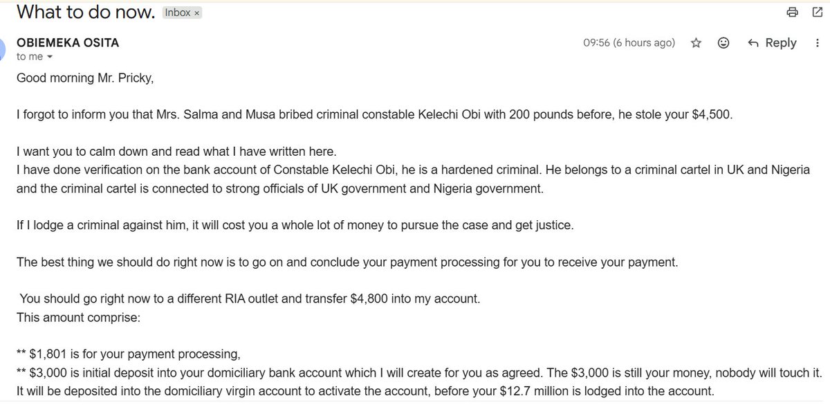 ScamBaitCentral's tweet photo. Police Constable Obi developed a kinship over the phone with the scammer (Osita) and the 2 of them secretly agreed to PC Obi withdrawing a few thousand from my ATM card and splitting it together.  Sadly, for Osita, PC Obi decided to keep all of the money himself. https://t.co/pIuxjyGfaK