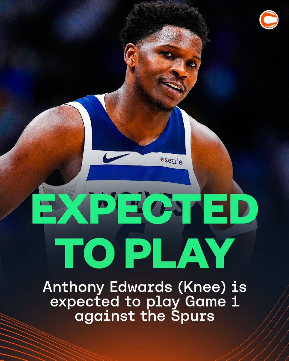 Covers's tweet photo. Despite suffering a knee injury just nine days ago, Anthony Edwards is expected to play against San Antonio in Game 1 per @ShamsCharania 👀

Minnesota's odds before the news: +500
Minnesota's odds after the news: +280

📈📈📈 https://t.co/FtdWA5tTqv