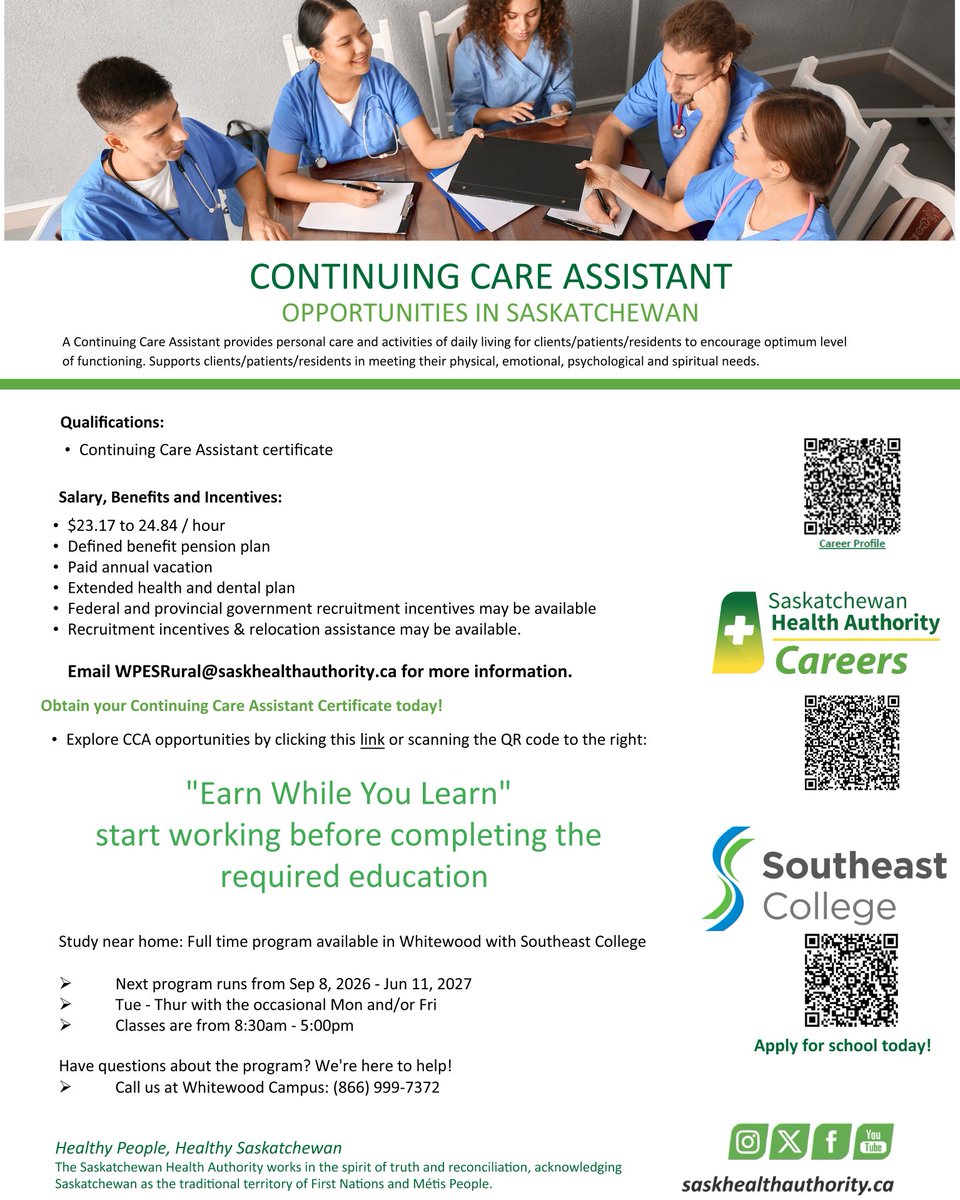 SCSaskatchewan's tweet photo. Continuing Care Assistants in Saskatchewan

As a Continuing Care Assistant, you’ll support individuals with daily living and help meet their physical, emotional, psychological, and spiritual needs. https://t.co/30ZFJ1D4Hd