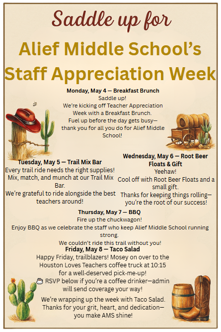 alief_middle's tweet photo. 🤠 Hats off to the AMS staff this #StaffAppreciationWeek! Thanks for riding for our kids every day—you’re one of a kind! 🌵 https://t.co/gXpRFwuPJv