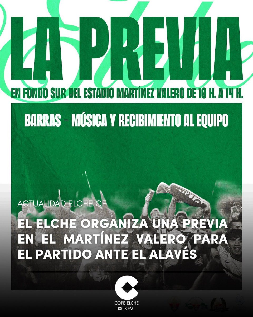 DeportesCOPEelx's tweet image. 🔥 El Elche organiza una previa en el Martínez Valero para el partido ante el Alavés

🏟️ Tendrá lugar en el Fondo Sur de 10h a 14h y cuenta con la colaboración de la @FPElx, la @Grada1923 y el Ayuntamiento

#ElcheCF #LaLiga