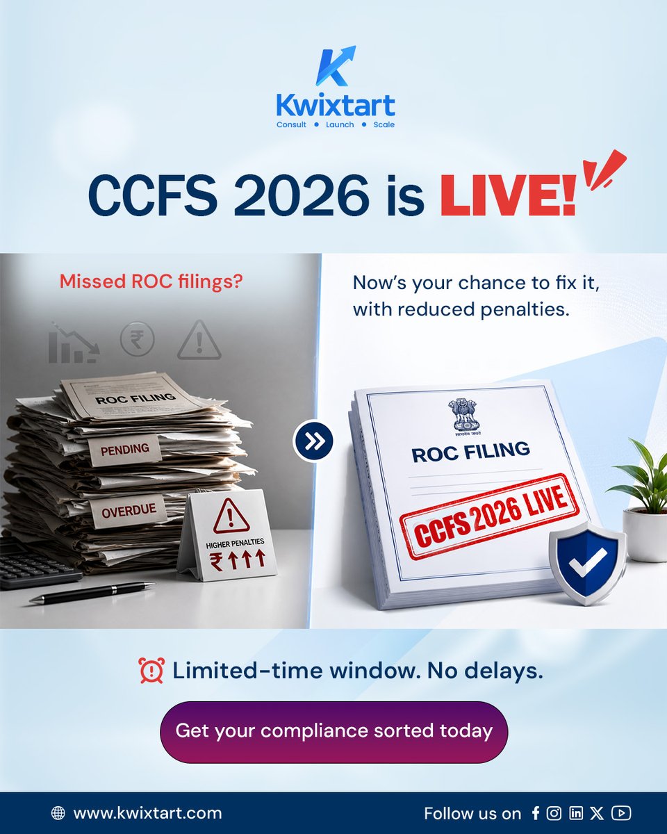 Greenleafdsc's tweet photo. CCFS 2026 – Clean Your Compliance Slate

Pending filings? Don’t risk penalties.
Regularize now with MCA’s latest scheme.

⚡ Fast. Simple. Time-bound.
📩 DM for expert support.

#CCFS2026 #MCAUpdate #ROCFiling #CompanyCompliance #BusinessIndia #Kwixtart https://t.co/vRENByvpSK