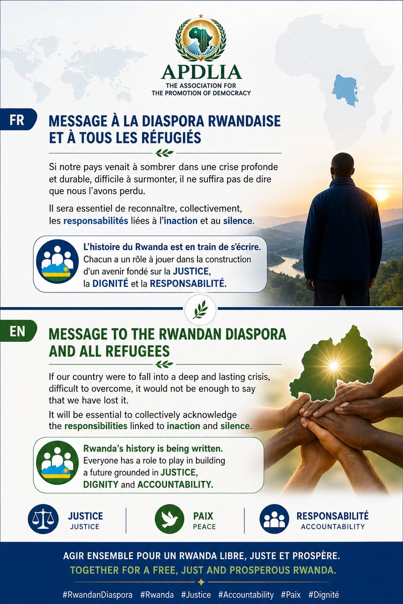 TheoMpoze's tweet image. 📢📢 Message à la diaspora rwandaise et à tous les réfugiés ‼️

📍Si notre pays - le #Rwanda, venait à sombrer dans une crise profonde et durable, difficile à surmonter, il ne suffira pas de dire que nous l’avons perdu.
Il sera essentiel de reconnaître, collectivement, les