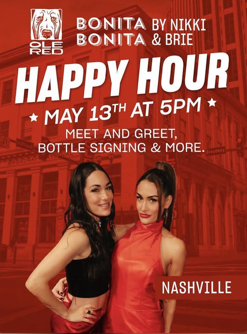 Nashville Bella Army, Nikki and Brie will be there at Ole Red on May 13th for Bonita Bonita. They will be signing bottles, having a meet and greet and more! 

Go have some fun and sip some of their incredible wine! 

<a href="/NikkiAndBrie/">Nikki & Brie</a> #BonitaBonitaWine