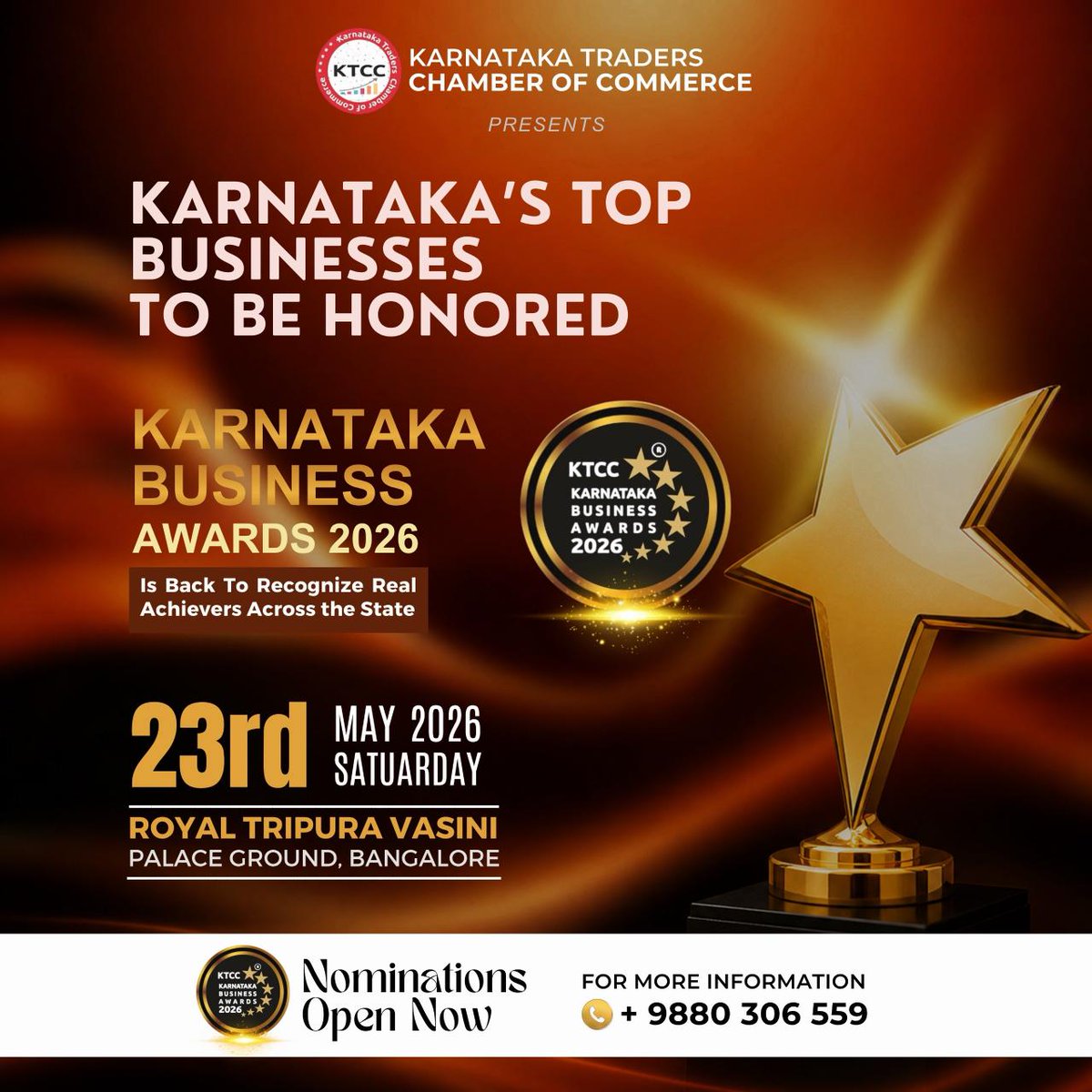 ktccindia's tweet photo. Nominations are closing soon for the Karnataka Business Awards 2026! ⏳

Be a part of the prestigious 6th Edition, organized by the Karnataka Traders Chamber of Commerce, and showcase your business among Karnataka’s finest. https://t.co/d3nj9NREmo