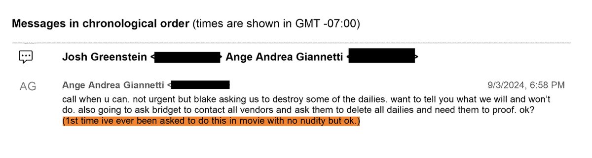 schatow's tweet photo. Moron—@hi_gaggy—claims @blakelively's nudity rider required the studio to delete the footage. Meanwhile, a Sony text exchange reveals a single confidential message where Josh Greenstein asks Ange Andrea Giannetti to address @blakelively's request to destroy certain dailies—going as far as suggesting all vendors be told to delete every copy and provide proof. Notably, this level of cleanup is… a bit unusual for a film that supposedly contains no nudity.

Stop digesting the shit from @Expatriarch_uk!!

#blakelively #justinbaldoni #livelyvsbaldoni