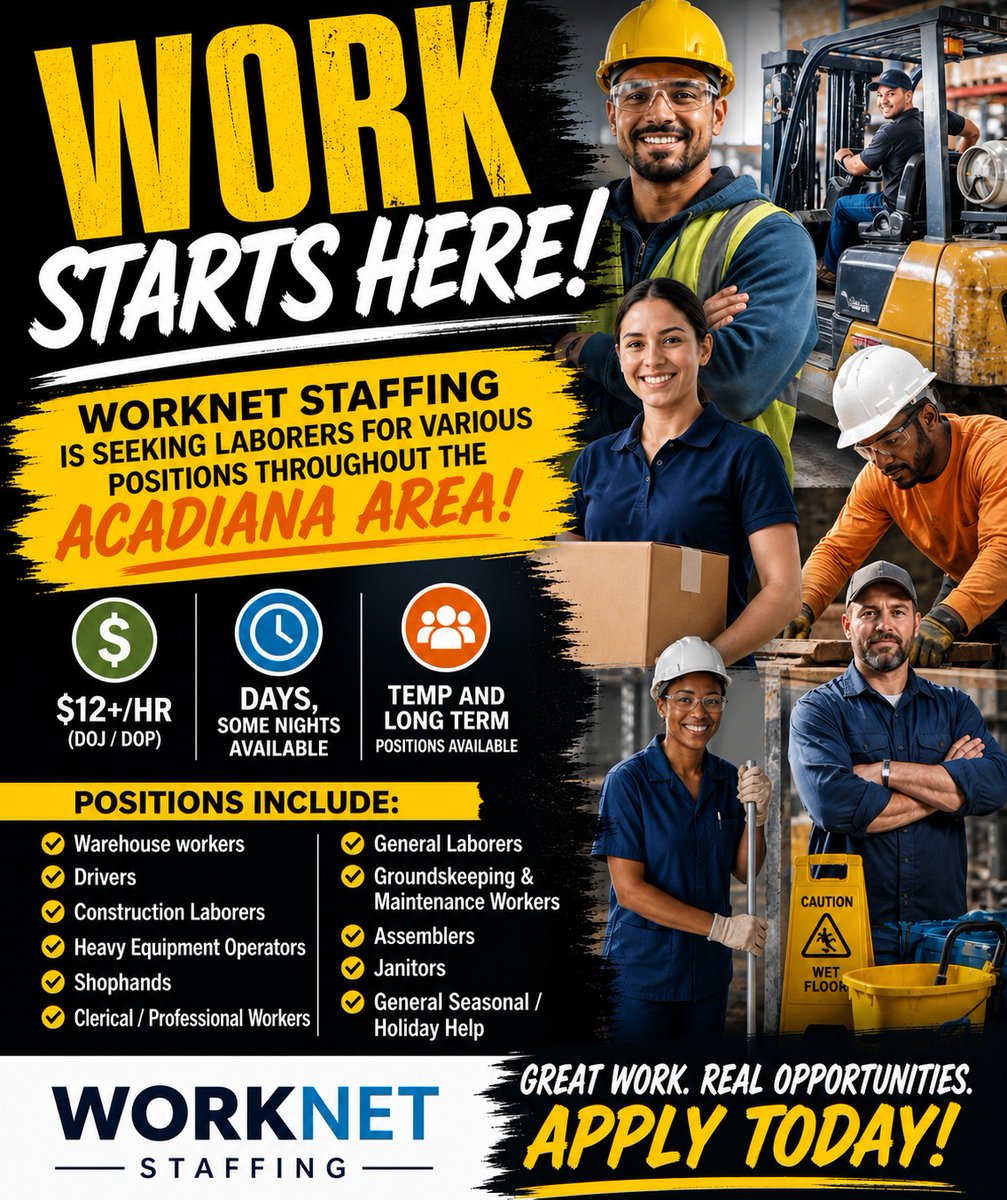 WorknetStaffing's tweet image. CLICK THE LINK TO APPLY!! jobs.worknetstaffing.com/jb/General-Lab…

#ApplyNow #NowHiring #GeneralLabor #acadiana #worknetstaffing #work #janitor #WarehouseJobs #warehouse #shophands #Clerical