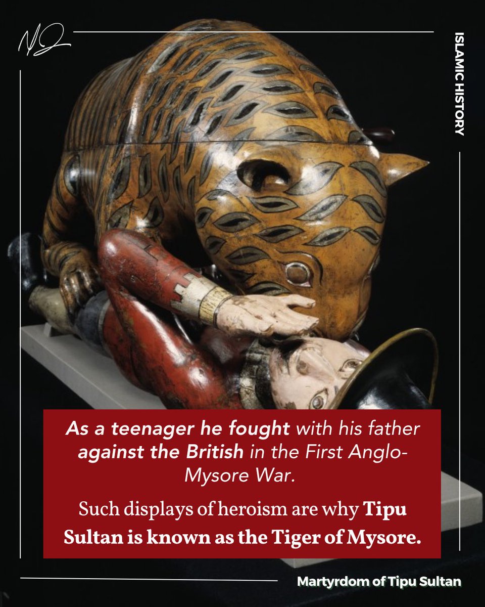 YasirQadhi's tweet photo. 🧵On May 4th, 1799, 227 years ago, Tipu Sultan, the head of the Sultanate of Mysore was martyred in the Fourth Anglo-Mysore War by the British. 

As just a teenager, Tipu Sultan fought the British alongside his father. When he succeeded his father and became Sultan of the Kingdom of Mysore, he presented the British with their last formidable resistance. A true exemplar of Islamic courage, they called him the Tiger of Mysore.

It is said that once when he was advised to retreat from battle, Tipu Sultan replied, “It is far better to live like a lion for a day than to live like a jackal for a hundred years.” He stayed true to his words, dying in defense of his kingdom and its people.

May Allah grant us such courage, and allow us to defend our Ummah with honor and justice.