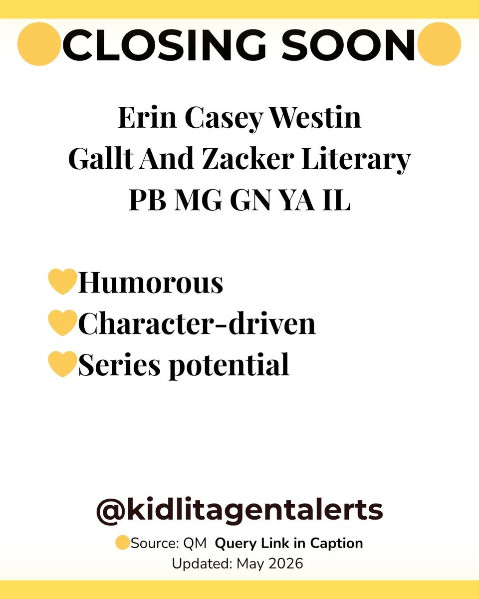 JamieNovak's tweet image. CLOSING SOON! Follow me for re-open alerts 

querytracker.net/query/erincase…

#kidlit literary agent 📚 Share with a writer who needs to see this 👇

Save this post so you don’t forget to query ✍️
 #ChildrensBooks
#Writers
