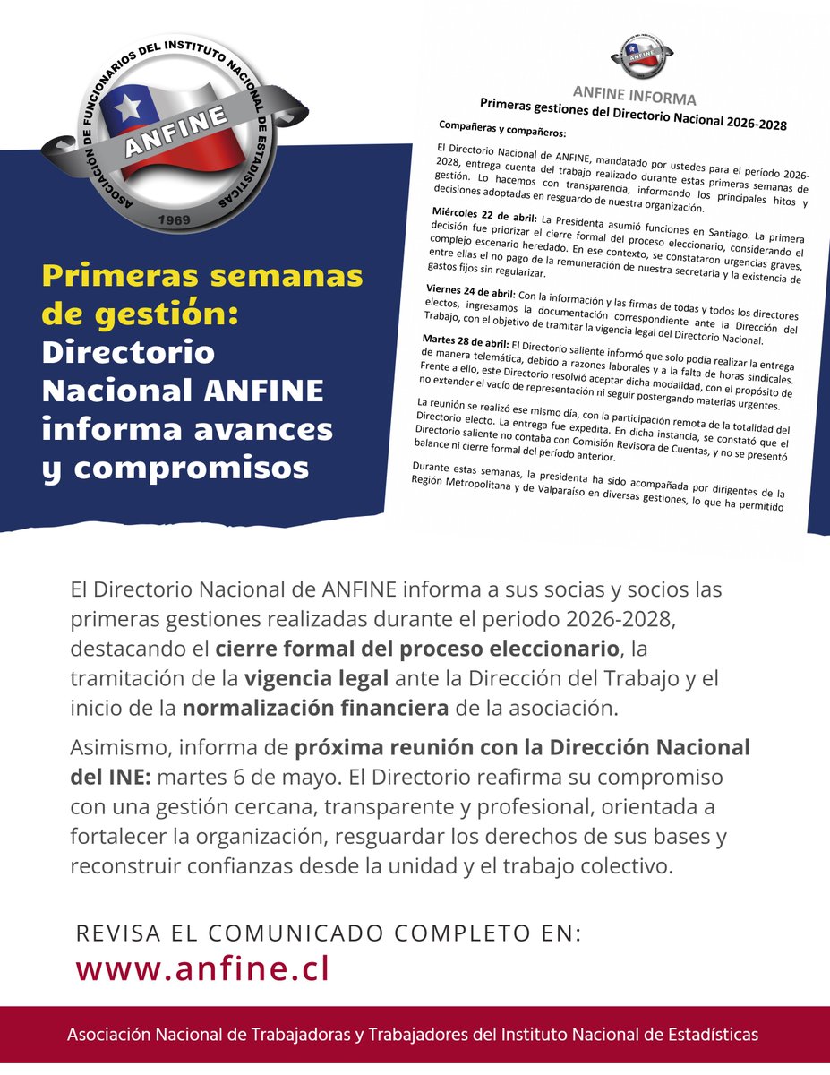 AnfineChile's tweet photo. 📢 ANFINE INFORMA PRIMERAS GESTIONES DEL DIRECTORIO NACIONAL 2026-2028

🔗 Revisa comunicado aquí:
https://t.co/2ArS2yGorN

#ANFINE #DirectorioNacional #GestiónTransparente #UnidadGremial #TrabajoColectivo #INE https://t.co/aKszekw0IW