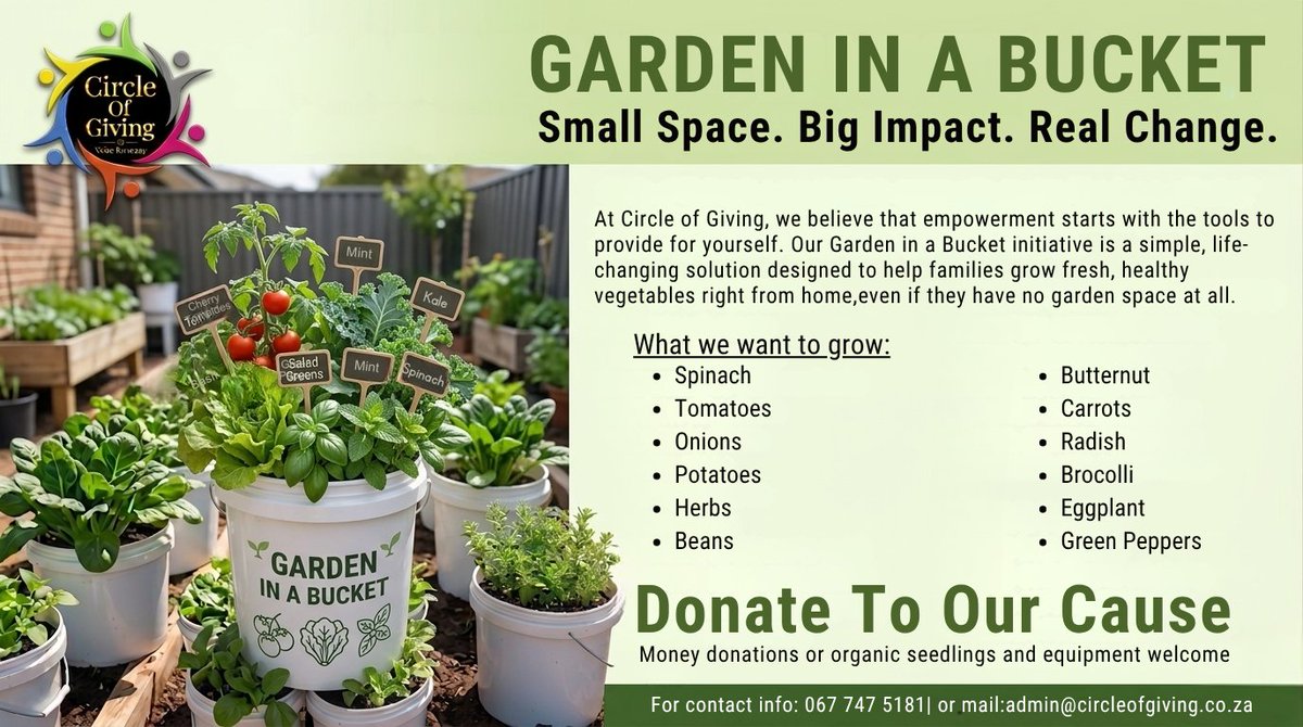 Circleofgivin's tweet image. GARDEN IN A BUCKET 
Small Space. Big Impact. Real Change.
Imagine transforming an ordinary bucket into a powerful source of food, hope, and independence.
At Circle of Giving, we believe everyone deserves access to nutritious, fresh food. 
#GrowingInABucket #FoodSecurity