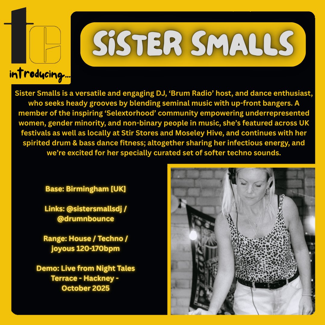 wearetechnocafe's tweet image. introducing...

👤 Sister Smalls
🖇️ instagram.com/sistersmallsdj / @drumnbounce
🎚️ House / Techno / joyous 120-170bpm
💽 @NightTalesLDN - Oct 2025 [bio⬆️or  soundcloud.com/sistersmalls/l…]

📍 @DarkHorseMosele / B'ham
🗓️ Sat 9th May

#technocafe #events #birmingham #birminghamevents #techno