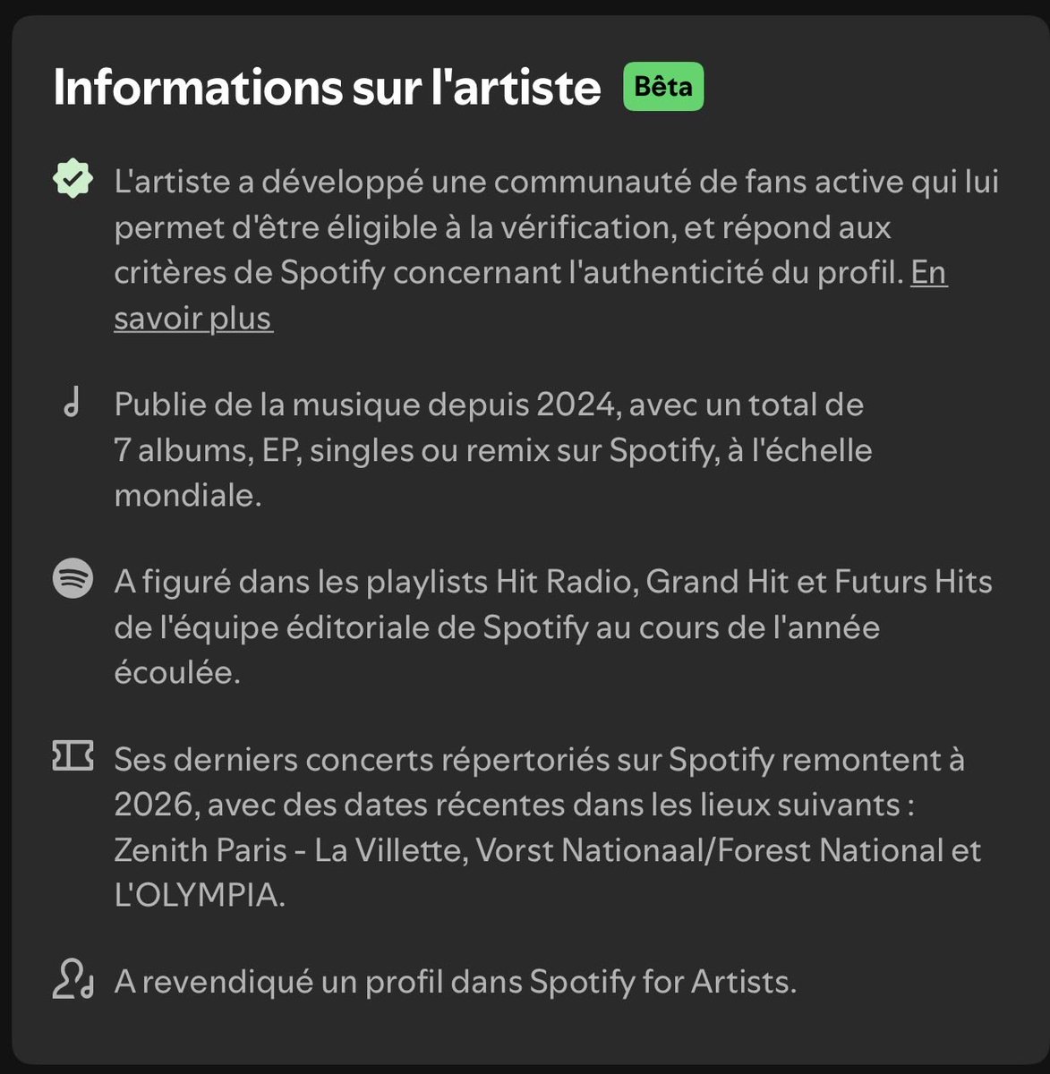 Corambe181's tweet image. #HelenaBailly 
Héléna a désormais sa pastille verte sur Spotify (« Verified by Spotify », un badge vert clair destiné à certifier l'authenticité des artistes humains)