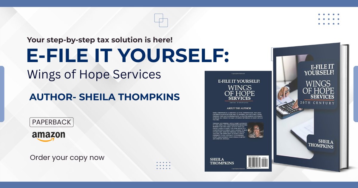 dm_rahima's tweet image. 🔋Take charge this tax season with "E-FILE IT YOURSELF: Wings of Hope Services" by Sheila Thompkins (Paperback Edition), available on Amazon. Get your copy today.
🔗Buy Link- a.co/d/05AU5vW7
#TaxSeasonReady #DIYFinance #AmazonBooks #MoneyManagement #BookLovers