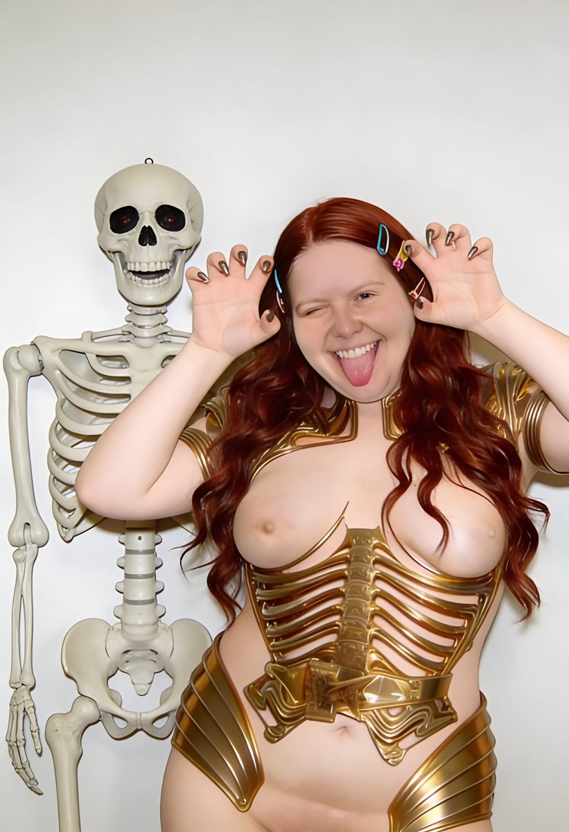 Lizzy1262629's tweet photo. Kneeling in my fierce golden armor bikini! ✨ Shiny metallic gold PVC with intricate skeleton-style cut-outs, shoulder pieces, and armbands. Red hair + big smile for the win 😊
#ShinyFashion #GoldArmor #PVCOutfit #MetallicLook #FantasyStyle https://t.co/FxDiq0d66h