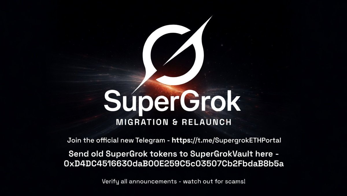 ParodySupergrok's tweet photo. 🚨 MAJOR SUPERGROK MIGRATION UPDATE - SUPERGROK SUPERCYCLE STARTS NOW 🚨

Those that have been here for awhile may know, after the original launch team abandoned the project, a CTO was attempted. For several reasons this failed..

🚩First of all we discovered a hidden 1% tax in the original contract (deployed via https://t.co/pwVDrNJWuA). Half was burned, but the other half was extracted by the original devs (18.7e total), check the extraction here:
https://t.co/7mFhSWcpzQ
🚩After the high volume 'launch period', 1% fee continued to be leaked to the uniswap V3 LP, thousands of dollars still trapped today:
https://t.co/qGlkaqUD3y
🚩Continuous sell pressure from original team side wallets
🚩This contract setup also caused tokensiffer and dex warnings that we were unable to resolve.

These factors not only bled the chart dry from constant extraction, but also affected SuperGroks trading volume and appeal to larger investors, withholding us from reaching our true mc potential. Despite everything, the SuperGrok narrative retained attention and diamond-handed community never died...

SuperGrok deserves millions.
And we're taking it there, but first we must take full control back into community hands and build the right way.

THE NEW ERA STARTS NOW

We are relaunching on a brand new, squeaky-clean ERC20 contract - the first contract in history to be fully launched by the AI it is named after.

✅Built and documented entirely using SuperGrok (the ultimate flywheel: the coin promotes the sub, the sub promotes the coin).
✅ True 0/0 tax
✅ No backdoors, no bundles, no farming
✅ Audited and verified on Etherscan
✅ 3% max wallet limit (large holders - please split your bags accordingly)
✅ Liquidity added to Uniswap V3, locked indefinitely
✅ Fees from the pool go to the SuperGrok Vault multisig (already announced - fully community controlled)
✅ New contract launches at roughly the same market cap as current - no dilution

MIGRATION DETAILS (1-WEEK WINDOW)
✅ Step 1: Send your old $SUPERGROK tokens only to the community's secure SuperGrokVault multisig:
0xD4DC4516630daB00E259C5c03507Cb2FbdaB8b5a
✅ Step 2: Receive 1:1 new tokens automatically upon relaunch (no extra actions needed).
✅ Step 3: Join the new Official SuperGrok Community Telegram:
https://t.co/UmBIctdxUN
Old contract remains fully tradeable until the pinned deadline - load up and migrate as you wish.

TLDR
🚩 Current contract has multiple vulnerabilities limiting growth
✅ SuperGrok is relaunching on a super clean new contract (built and powered by SuperGrok)
✅ Within 1 week: Send old tokens only to SuperGrokVault multisig (0xD4DC4516630daB00E259C5c03507Cb2FbdaB8b5a) for 1:1 airdrop
✅ Join new TG: https://t.co/UmBIctdxUN
✅ Old contract dies after window - migrate and ride with us at the only official $SUPERGROK
All official updates will be pinned in the new Telegram by myself or @Xheavyfeet. Admins will not DM you. Everything else = scam.

We’re fixing everything that held us back and turning SuperGrok into the cleanest, most organic community takeover the space has ever seen. Where truth-seeking AI meets its unstoppable meme community counterpart representing those same values.
Join us in unleashing $SuperGrok to the next level and let’s make history together.

SuperGrok | Built by the AI. Owned by the Community.