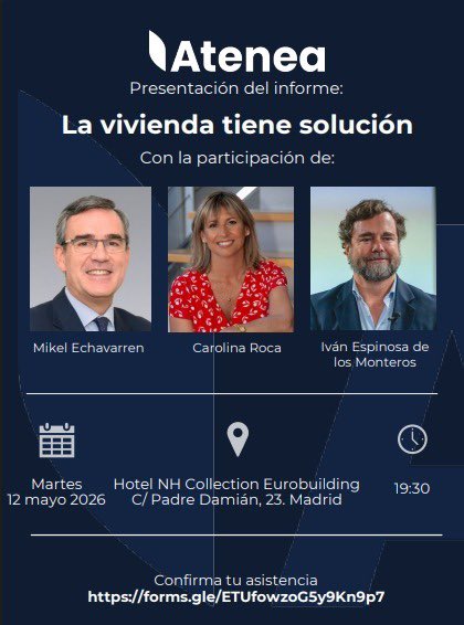 🏠 El 12 de mayo, presentación de nuestro nuevo informe "La vivienda tiene solución".

👌🏽 Con <a href="/MikelEchavarren/">Mikel Echavarren</a>, Carolina Roca e <a href="/ivanedlm/">Iván Espinosa de los Monteros</a>.

📅 Martes, 12 de mayo
🕐 19.30 horas
📍 Hotel NH Collection Eurobuilding
C/ Padre Damián, 23 (MADRID)

¡ENTRADA LIBRE hasta completar el
