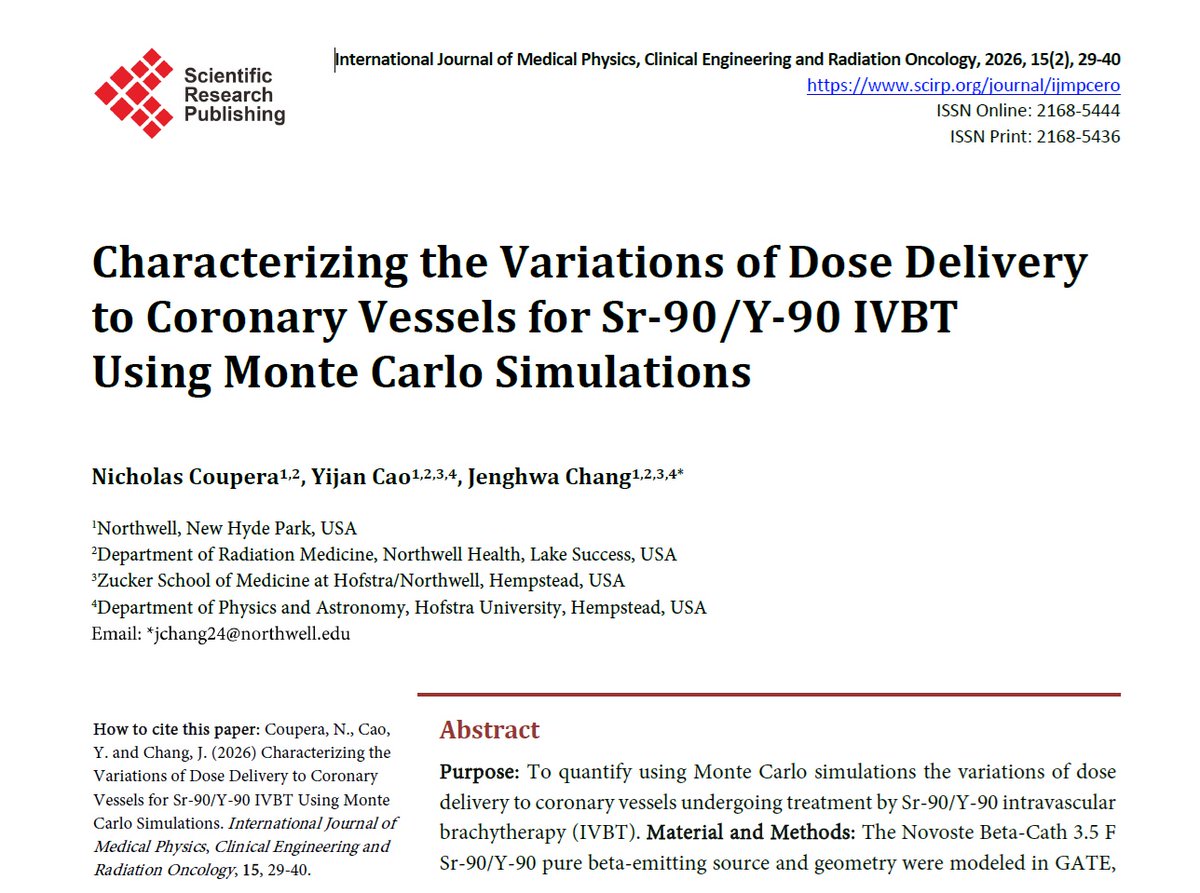 HofMedPhys's tweet photo. Nicklas Coupera, Northwell Resident (Class of 2025), published “Characterizing the Variations of Dose Delivery to …” in IJMPCERO, using Monte Carlo simulations to study dose variations in coronary vessels for Sr-90/Y-90 IVBT. Congratulations! https://t.co/AcGo6kQeSE