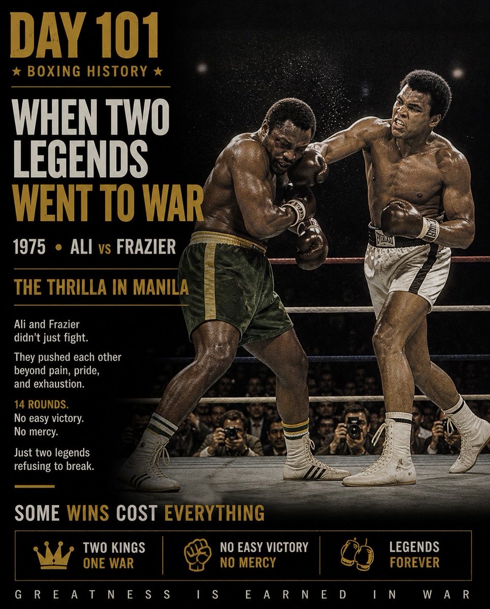 YuryIak's tweet image. Day 101 — The War

Ali vs Frazier.

Not rivals.
Enemies.

Round after round —
no mercy.

By Round 14…
both were finished.

One more round…
and someone wouldn’t fall.

Frazier’s corner stopped it.

Ali won.

But both paid the price.

#MuhammadAli #JoeFrazier #BoxingHistory
