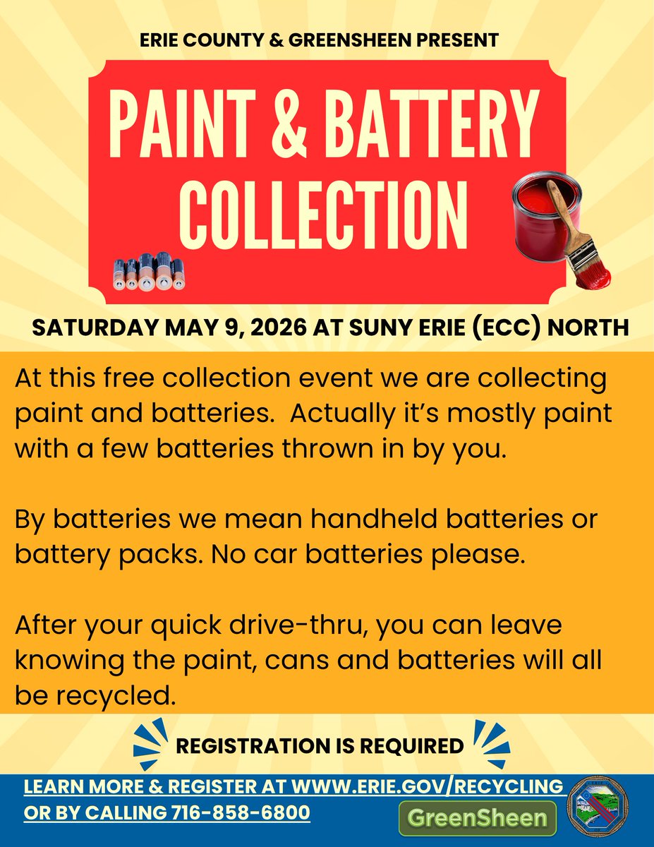 ErieCoDEP's tweet photo. We'll be collecting paint and batteries on Saturday May 9th in Williamsville. We are collecting handheld batteries or battery packs.  Please no car batteries.  For questions, please check on-line or call 716-858-6800. For information register at https://t.co/uYy5p0W70A https://t.co/m054IUBTvg
