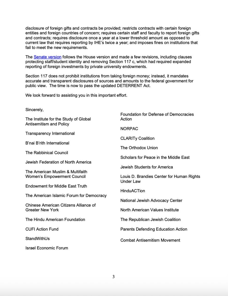 brandeiscenter's tweet photo. The Louis D. Brandeis Center for Human Rights Under Law is proud to join a coalition of 26 major organizations in the submission of a joint letter to Congressional leadership, including Speaker @MikeJohnson, House Minority Leader @RepJeffries, Senate Majority Leader @LeaderJohnThune, and Senate Minority Leader @SenSchumer, urging them to adopt the DETERRENT Act (H.R. 1048 and S.1296) during this 119th Congress. 

The DETERRENT Act, which passed the House with bipartisan support (241–169) in March 2025 and is now under consideration in the Senate, strengthens Section 117 reporting requirements for foreign donations and contracts to institutions of higher education. The legislation is designed to close longstanding gaps in oversight and ensure that foreign influence in American academia is fully disclosed and subject to accountability.

CC: @ISGAP @anticorruption @BnaiBrith @jfederations @CUFI @StandWithUs @CombatASemitism @RJC @FDD @OrthodoxUnion @Scholars4Peace @NJACLaw @HinduAmerican @NORPACofficial @ammwecofficial @CACAGNY @AIFDemocracy @EMET4u @ActionPde