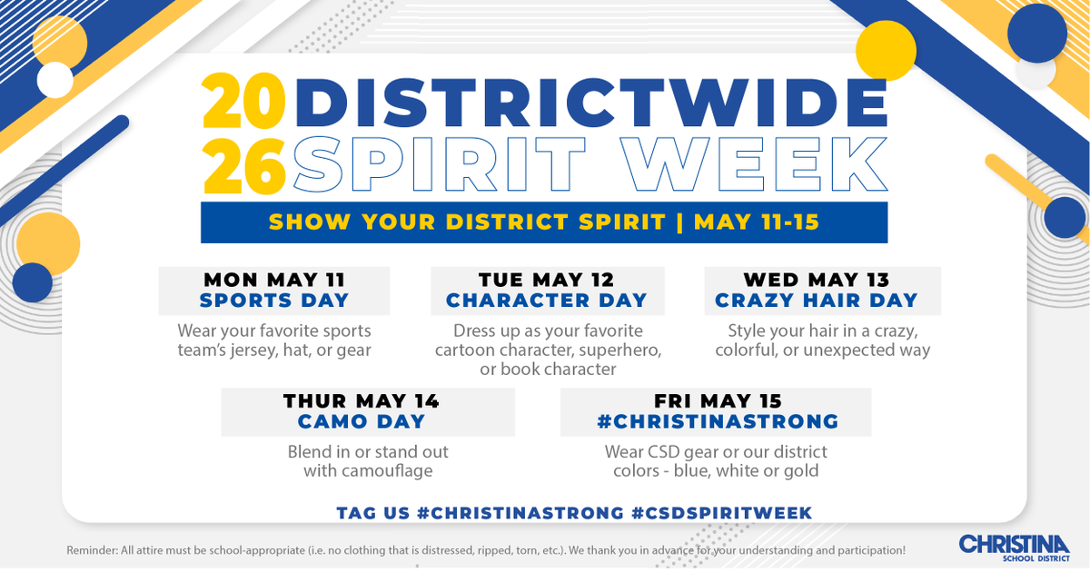 ChristinaK12's tweet photo. Calling all students, staff, families, and community members—let’s come together for a week full of fun, pride, and community spirit during May 11–15! Don’t forget to share your spirit and photos using #ChristinaStrong and #CSDSpiritWeek! https://t.co/mB8WTPoo3D