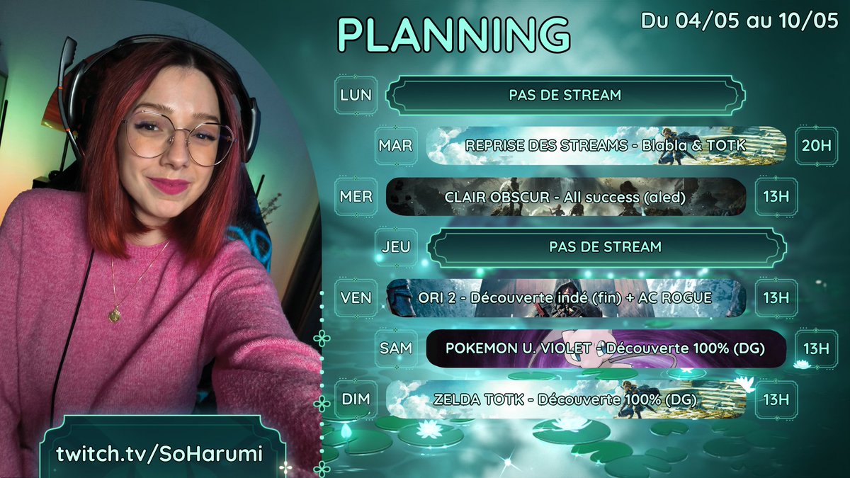 soharumi_'s tweet image. I'm BACK 🤩✨ Planning de cette semaine !
#stream #twitch #twitchfr #twitchpartner #gaming #streamfr #zelda #clairobscur #ori #assassinscreed #pokemon