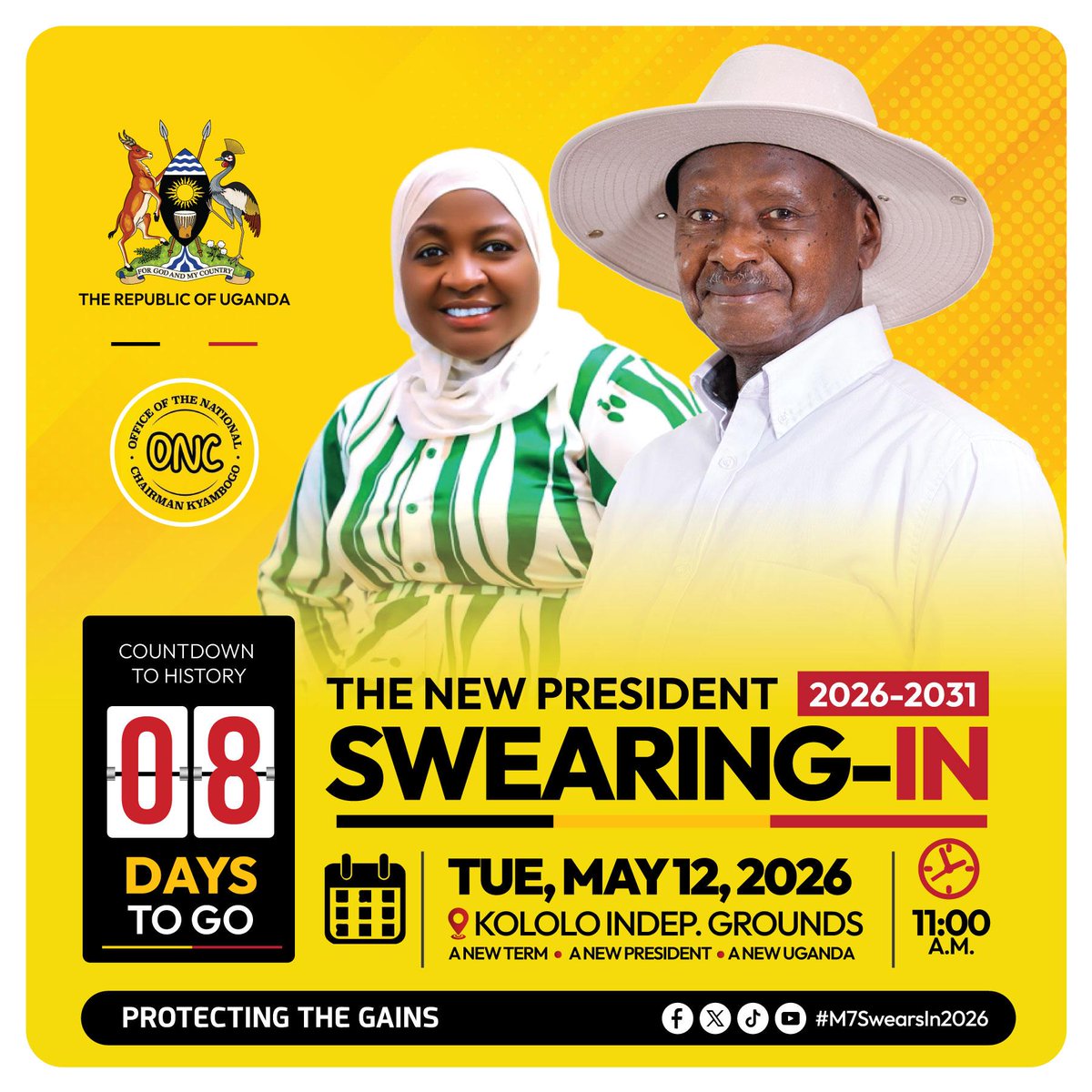JoviaTumuhaise's tweet image. Today marks eight days remaining to the swearing in of the new elect president of Uganda HE. yoweri museveni kaguta. Onc office invites everyone to be part of this memorable ceremony at kololo Independent Ceremonial Grounds 12 may 2026.
#m7swearsin2026
#president omupya