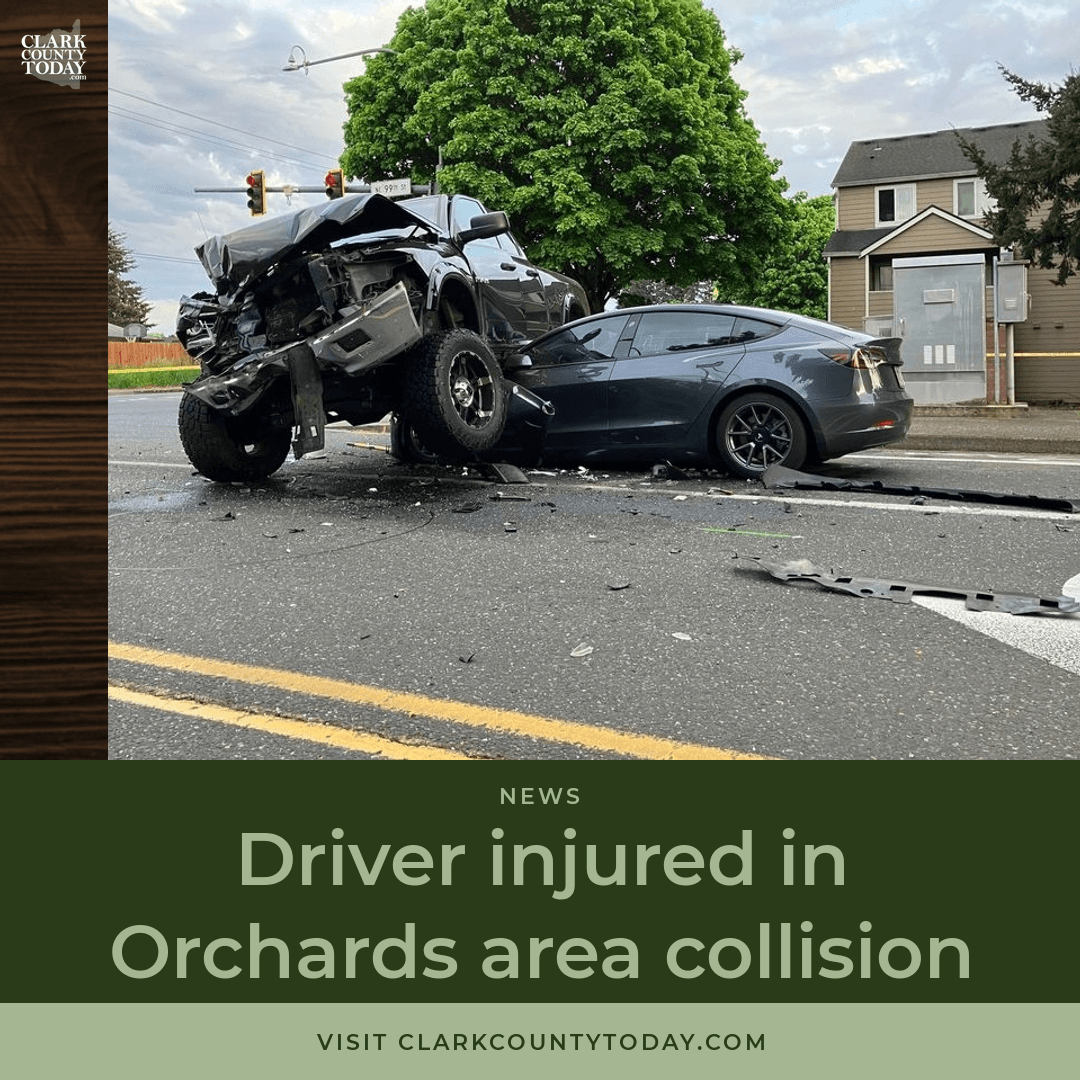 NewsFromCCT's tweet image. Dodge Ram lands on Tesla after running red light at NE 99th/NE 130th in Orchards. One driver hospitalized, DUI investigation conducted. Traffic Homicide Unit seeks witnesses. clarkcountytoday.com/news/driver-in… #ClarkCounty #TrafficSafety #DUI