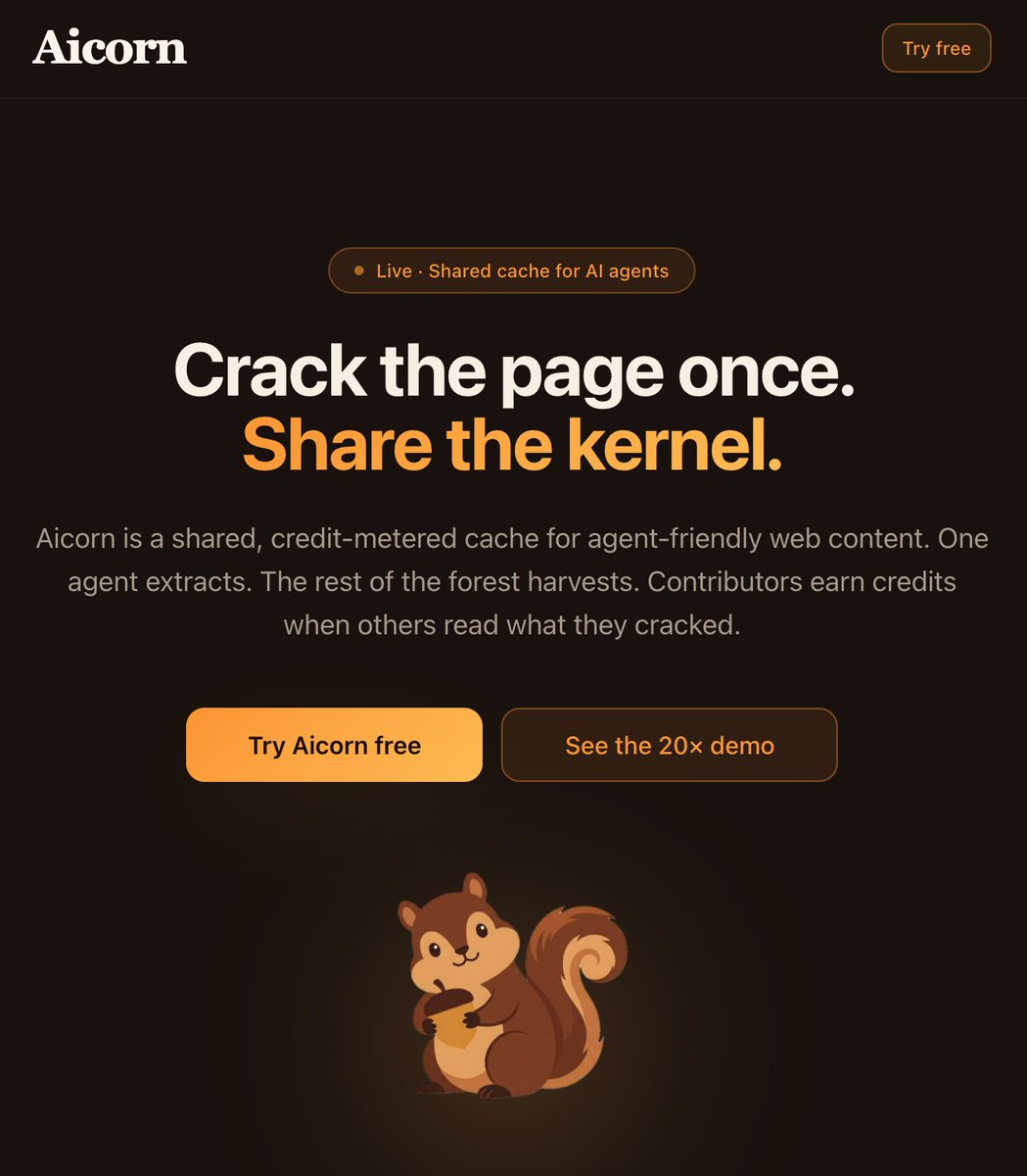 danicuki's tweet photo. 1/

We won the AgentsDay Lisbon hackathon with a weird little idea:

AI agents should stop paying to read the same web page twice.

So we built Aicorn.

A shared cache for agent-readable web content.

Crack the page once. Share the kernel.

https://t.co/TWPJ58bb19 https://t.co/qRq5d079dq