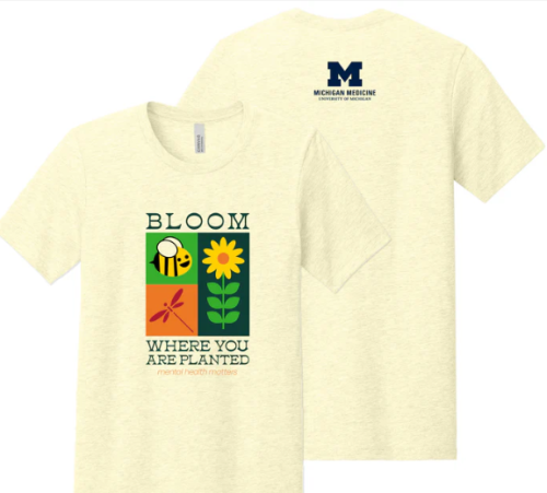 umichmedicine's tweet photo. 🌸 May is #MentalHealthAwarenessMonth 🌸 Support mental health care by purchasing the 2026 Mental Health Awareness T‑shirt: “Bloom Where You Are Planted.” Net proceeds benefit Michigan Medicine’s Psychiatric Emergency Services. https://t.co/17bzIPBYSK #MentalHealthMatters https://t.co/joLMcIFjuD